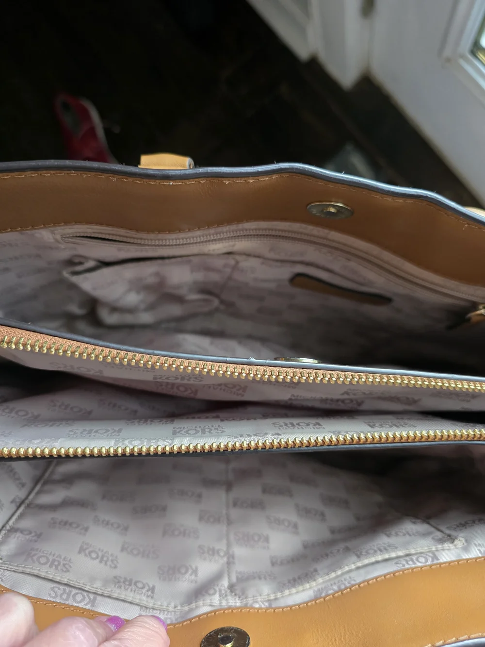 Michael Kors Beige Signature Satchel with Tan Trim
